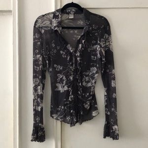 Sheer stretch ruffle front floral blouse
